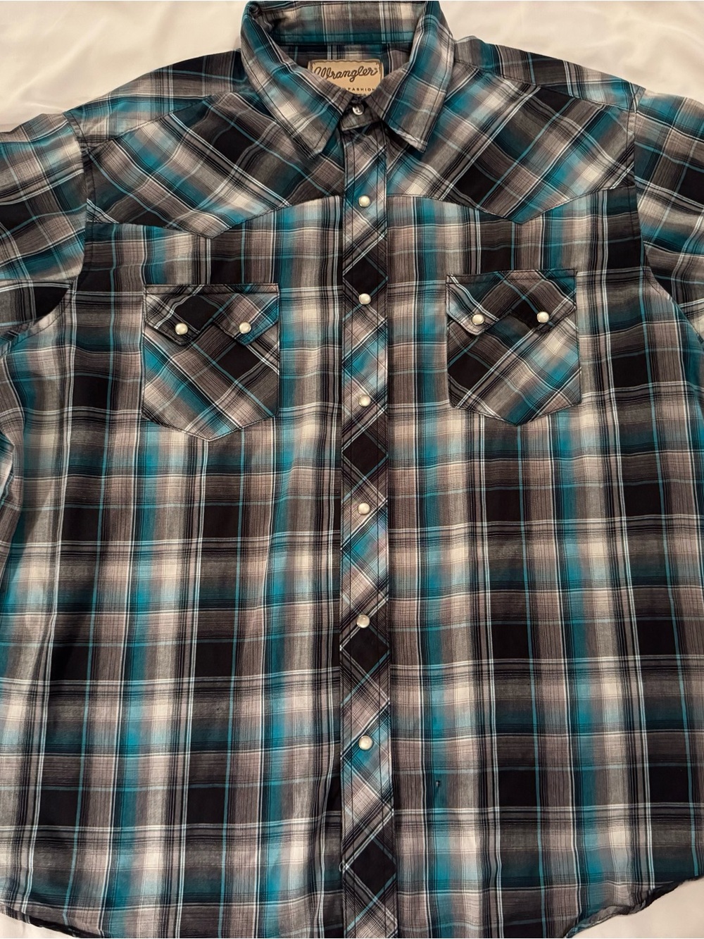 Wrangler Teal Black Gray Plaid Western Snap Shirt Size XL
